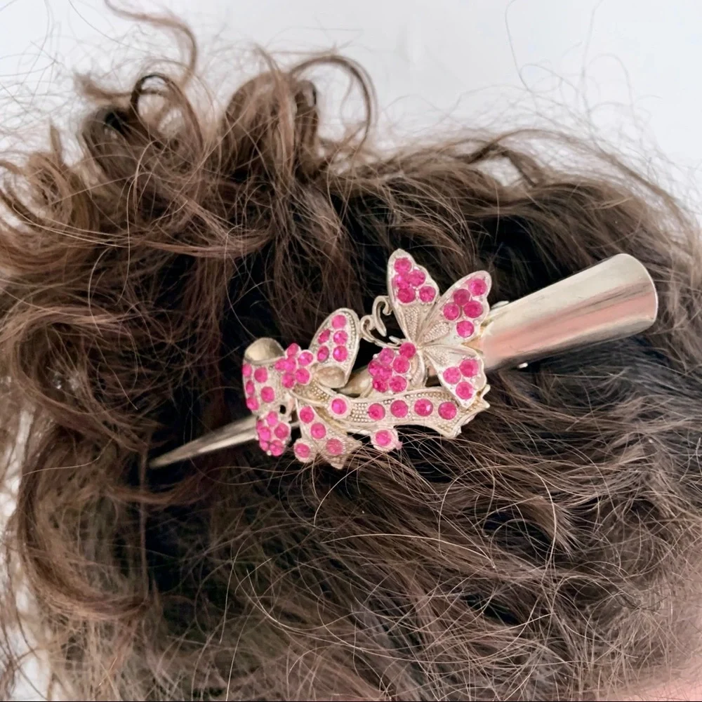 Pink Rhinestone Hair Clip Jewel Bow Butterfly Y2K Prom Coquette Barbie Wedding